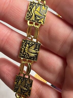Vintage Damascene Bracelet Gold and Black Engraved Bird & Flower Motif